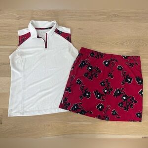 Izod Red and Black Floral Golf Skort set - FLAWED Shirt 10/L